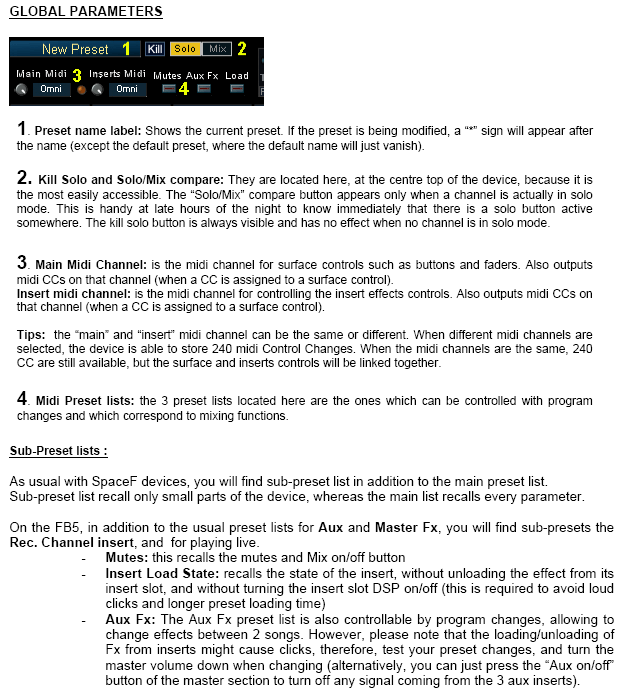 Global parameters. Kill solo, Solo and Mix compare (when solo is on, to A/B soloed sounds alone/in the mix)