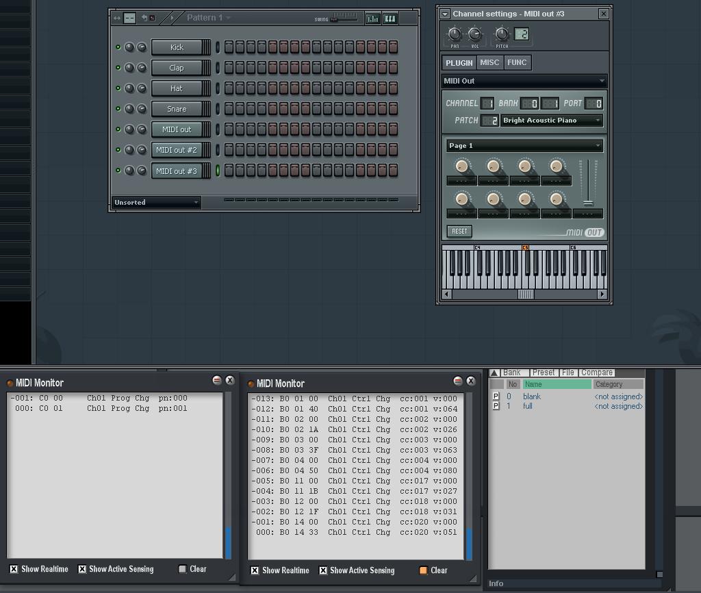 patch 2.  causes program change. full midi preset is loaded! All CC go out :D